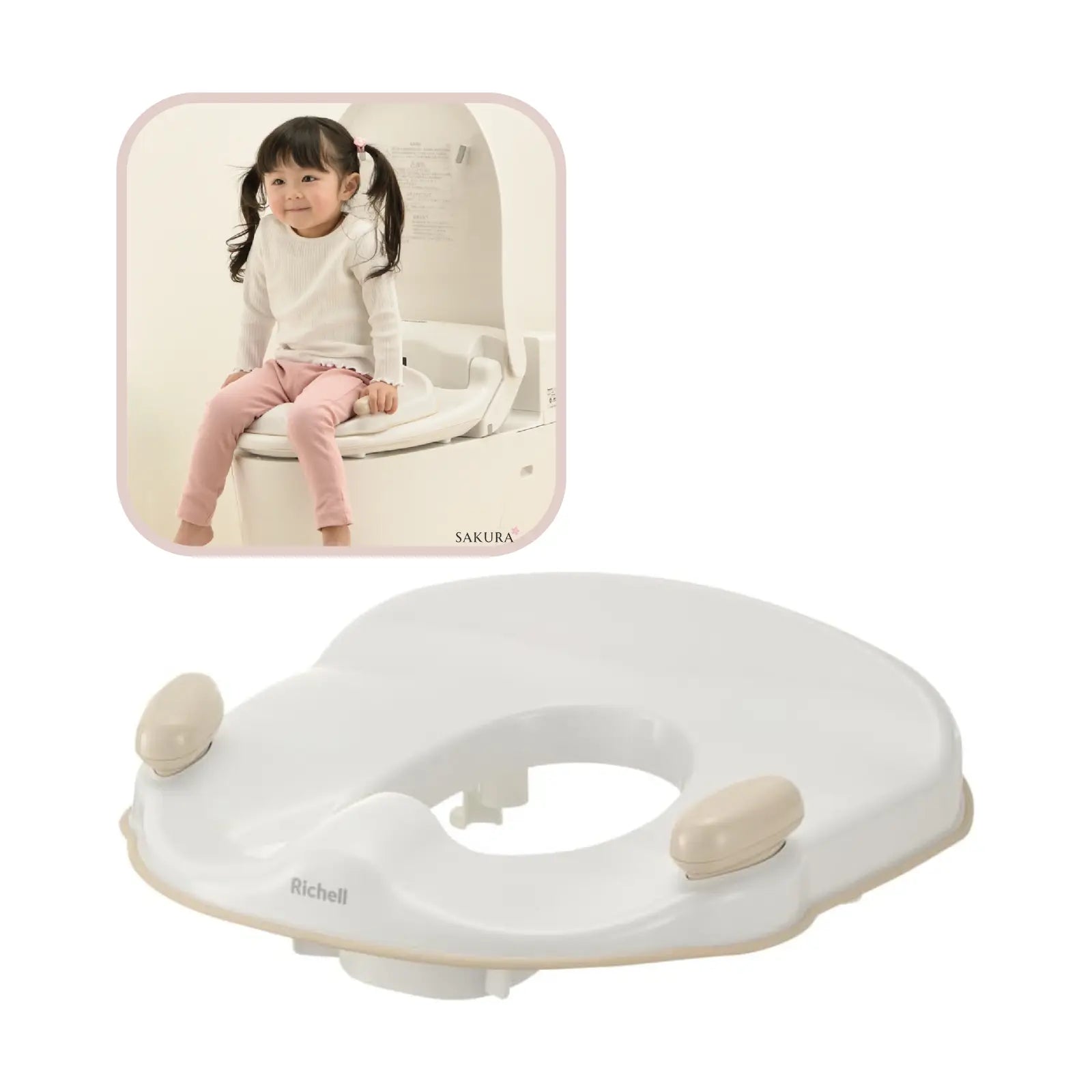 Introducing our versatile toilet training seat for children aged 18 months to 4 years. It features removable hand grips, a pee guard to prevent splashing, and an anti-slip seat guard. Designed for a smooth transition to an adult toilet. Anti-bacterial treatment ensures safe and hygienic use. Richell Toilet Training Seat