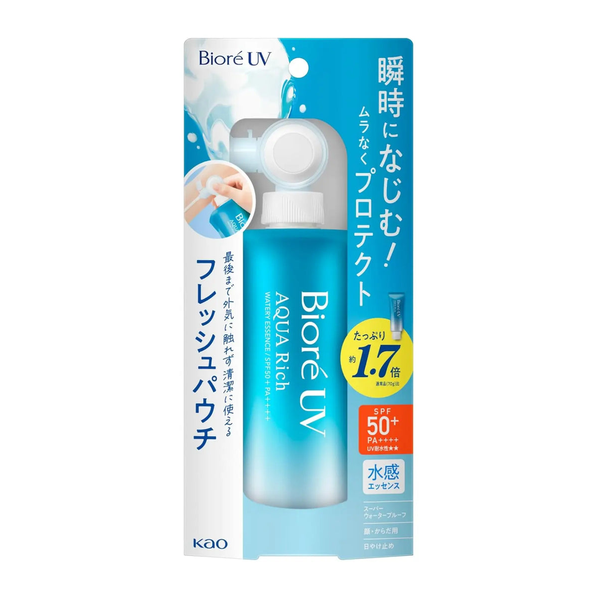 Lightweight, non-sticky, ultra-water-resistant sunscreen with moisturising skincare ingredients. Smooth, even coverage for face & body. Can be washed off easily with soap. Bestseller worldwide - Biore UV Aqua Rich Watery Essence. Fresh Pouch allows hygienic use without exposure to outside air until it is used up without waste.