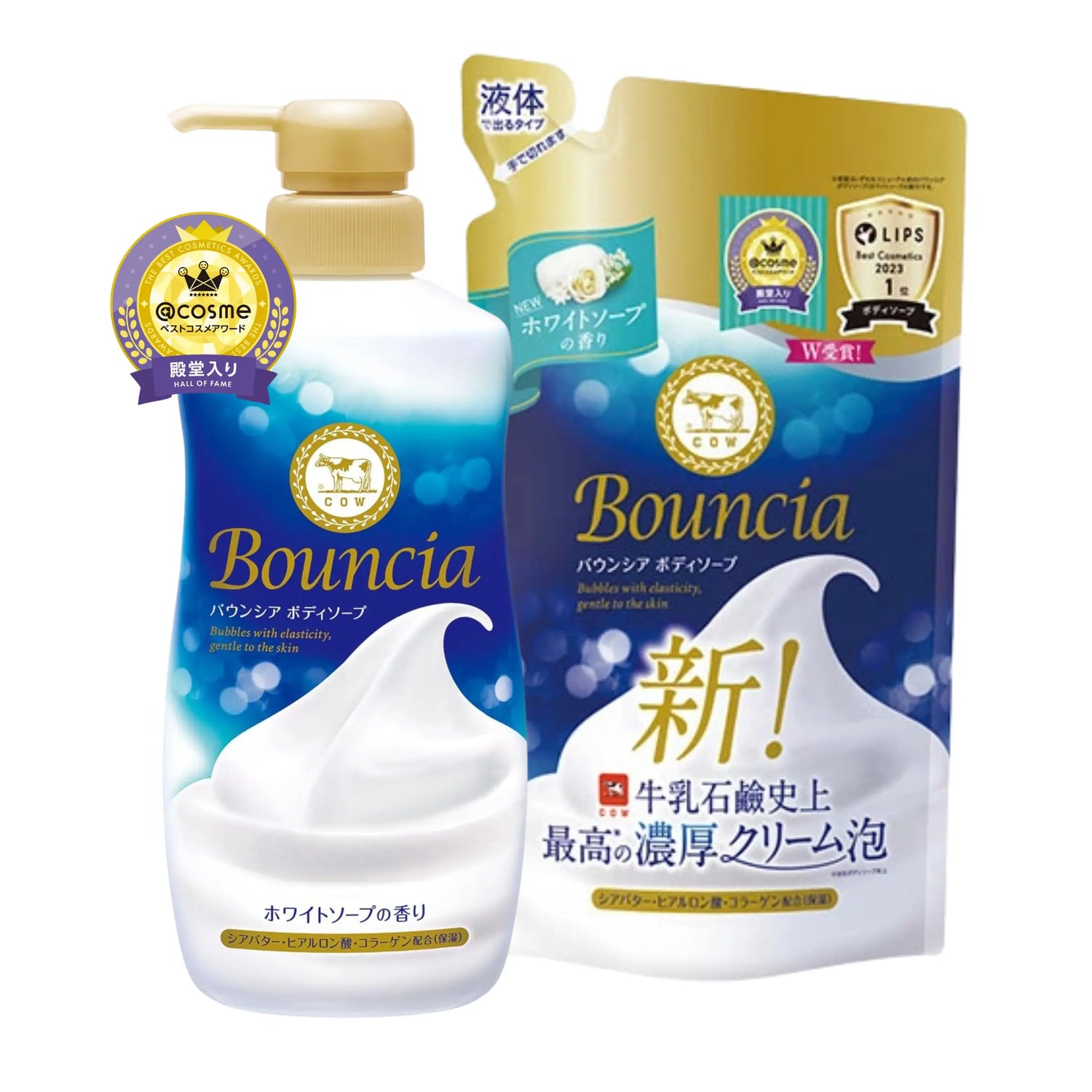 COW Bouncia Moisturising Body Wash creates a rich, creamy lather that deeply hydrates while cleansing. The Extra Rich Foam formula gently removes impurities without scrubbing. Infused with shea butter, hyaluronic acid, and collagen for smooth, soft skin. Enjoy the refreshing White Soap scent. Refill available