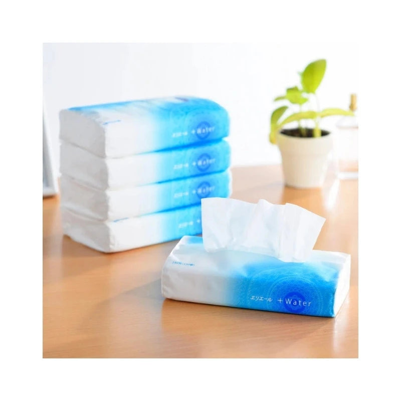 Discover ultimate softness with Elleair +Water Tissues Soft Pack. Blended with moisturising ingredients, this Japanese facial tissue papers are perfect for sensitive skin and young children. Portable and easy-to-dispense. 5packs set.