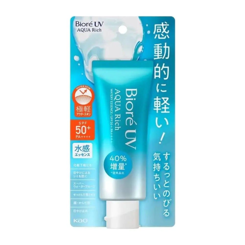 Lightweight, non-sticky, ultra-waterproof sunscreen with moisturising skincare ingredients. Smooth, even coverage for face & body. Can be washed off easily with soap. Bestseller worldwide - Sold over 100 million. Biore UV Aqua Rich Watery Essence.
