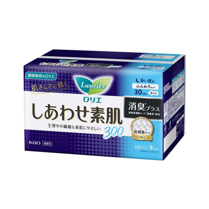 花王 乐而雅 Laurier 夜间柔软卫生巾(除臭剂+) - 30 厘米带护翼 9 片