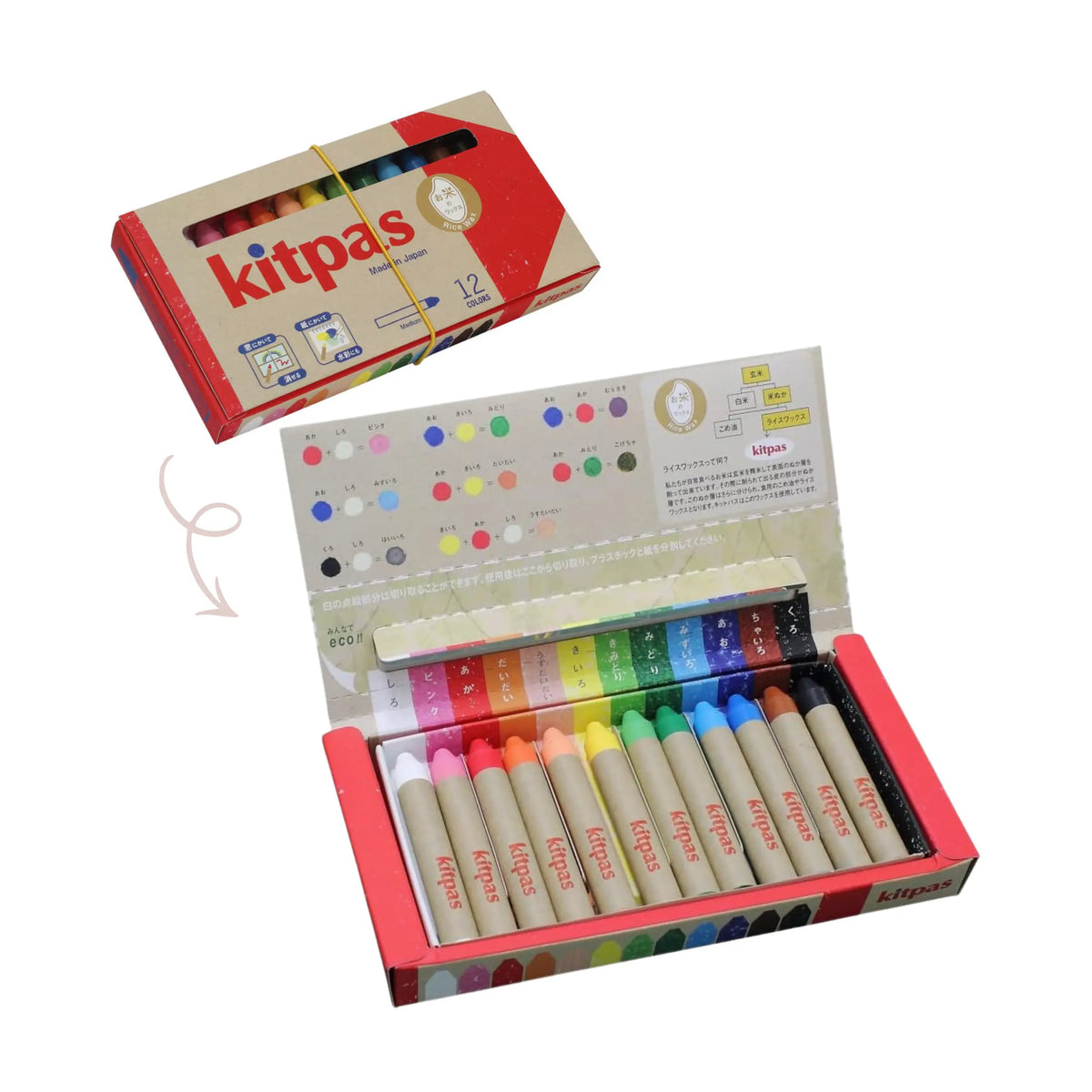 Kitpas Rice Bran Wax Art Crayons 12 colours are eco-friendly, non-toxic Japanese crayons made from rice bran. They draw smoothly on paper, glass, and whiteboards, wipe off easily from non-porous surfaces, and can be used with water for fun watercolour effects.