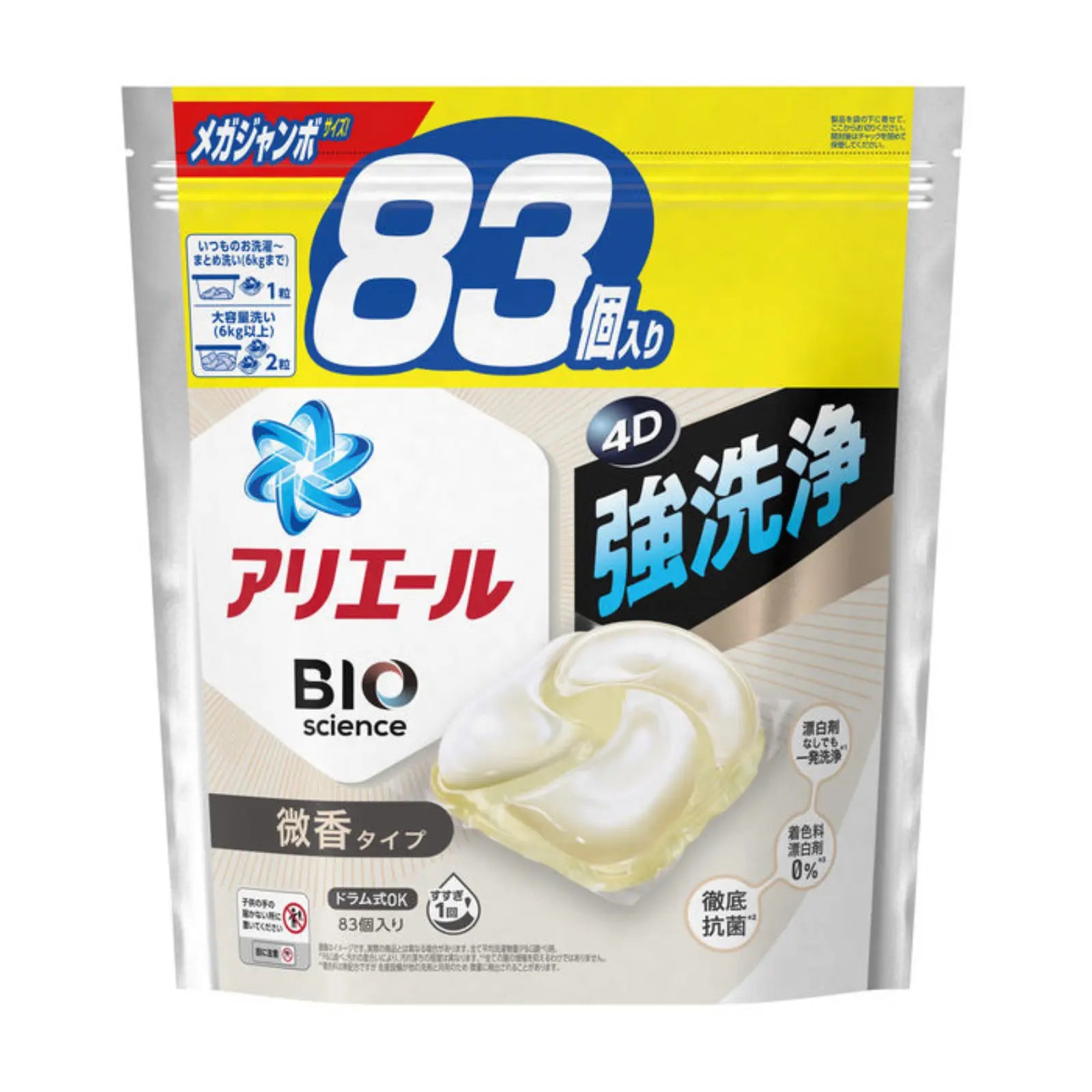 Introducing P&G Ariel Antibacterial Laundry Capsules 4D Gel Ball. Tackle tough stains and odours effortlessly with powerful detergent and deodorising tech. Antibacterial formula prevents mould growing in the washing machine. Just add 1 capsule for easy laundry. Suitable for top & front loaders. Slightly Scented WHITE 83pcs refill