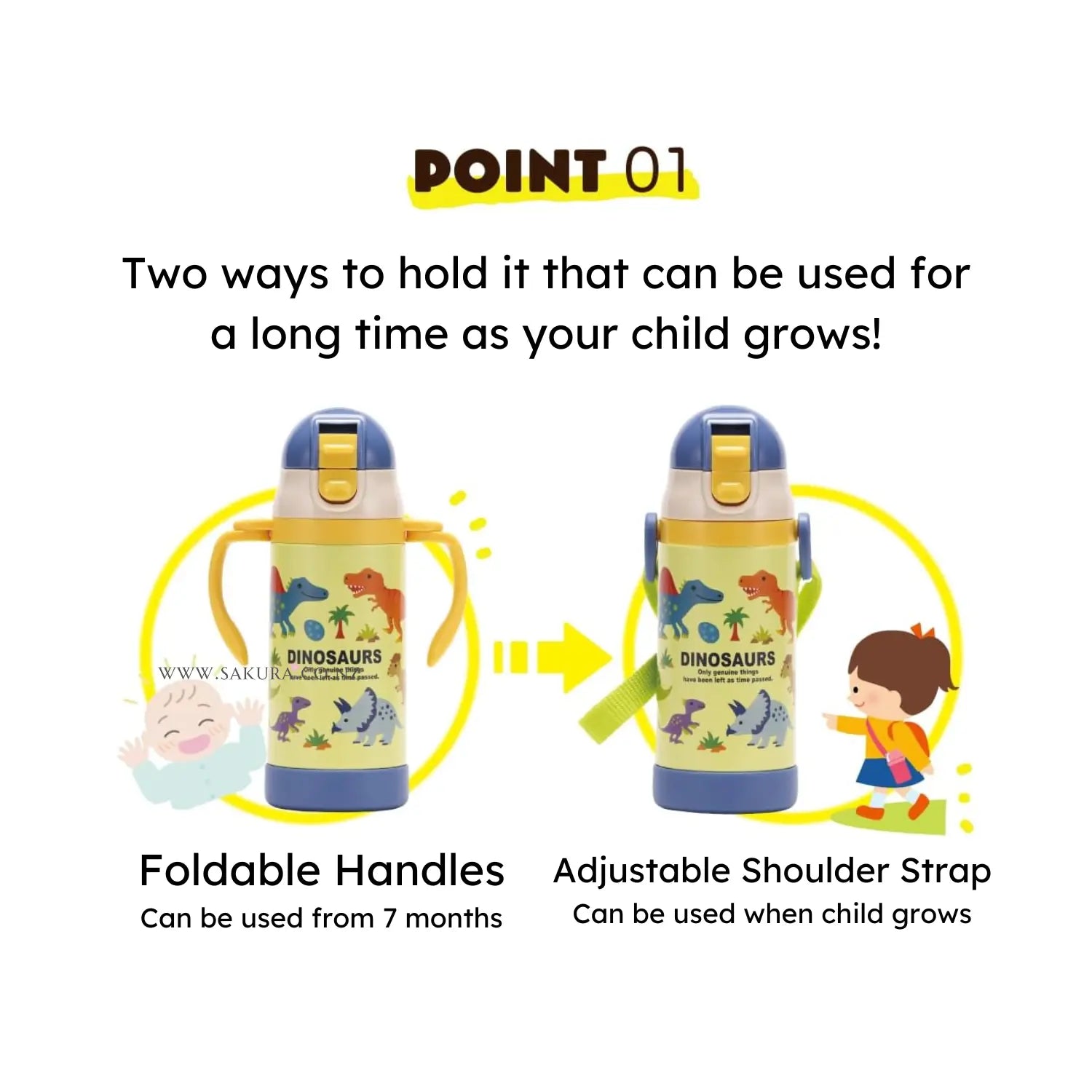 Skater 2WAY Baby&Kids Stainless Steel Straw Bottle (7months+) 350ml - Dinosaurs