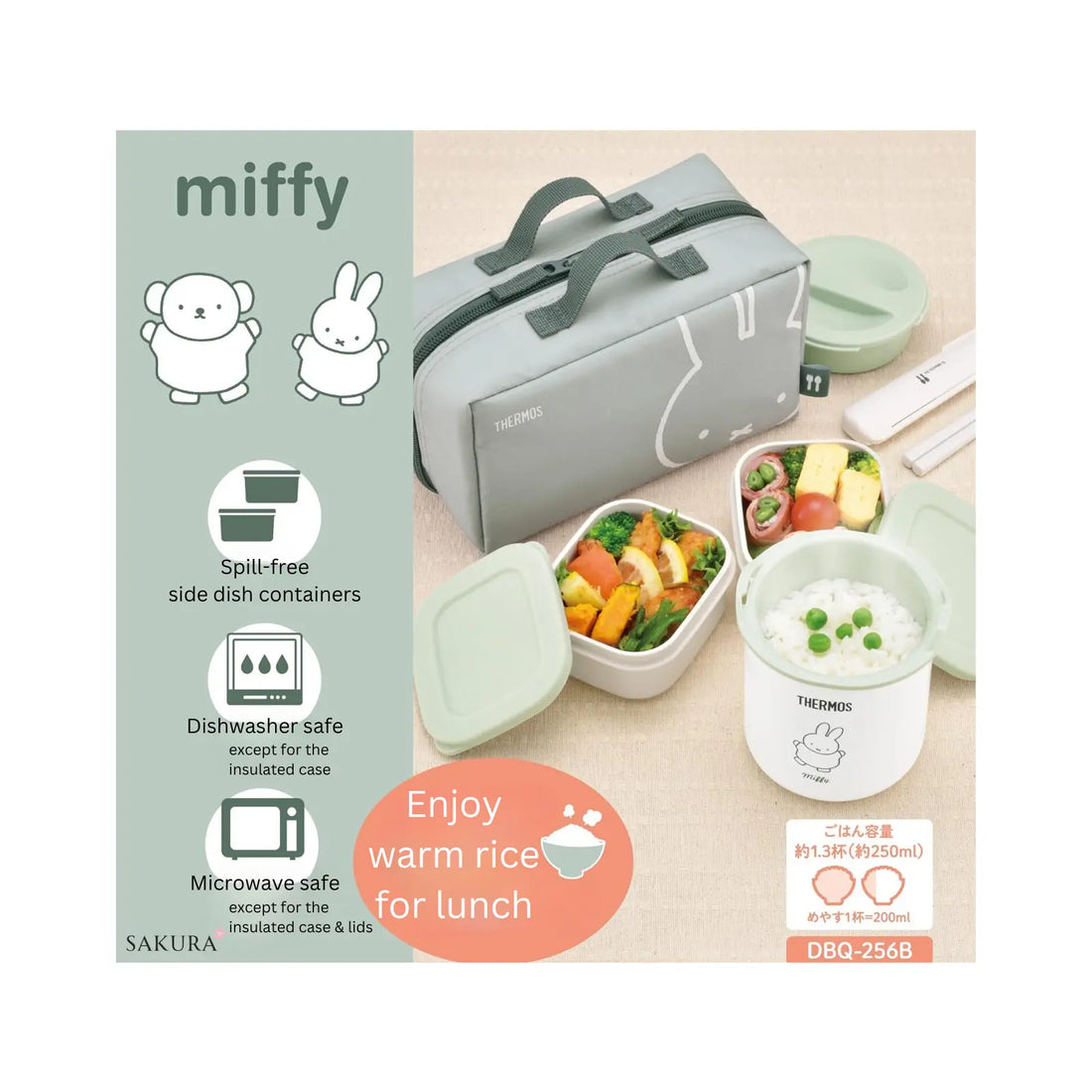 Enjoy warm meals for lunch every day, whether at the office, school, or park! Includes microwave-safe main and side containers as well as the Thermos main insulated case for superior heat retention. Most parts are dishwasher-safe for easy cleaning. Comes with chopsticks & case and a handy bag. Cute lunch box set