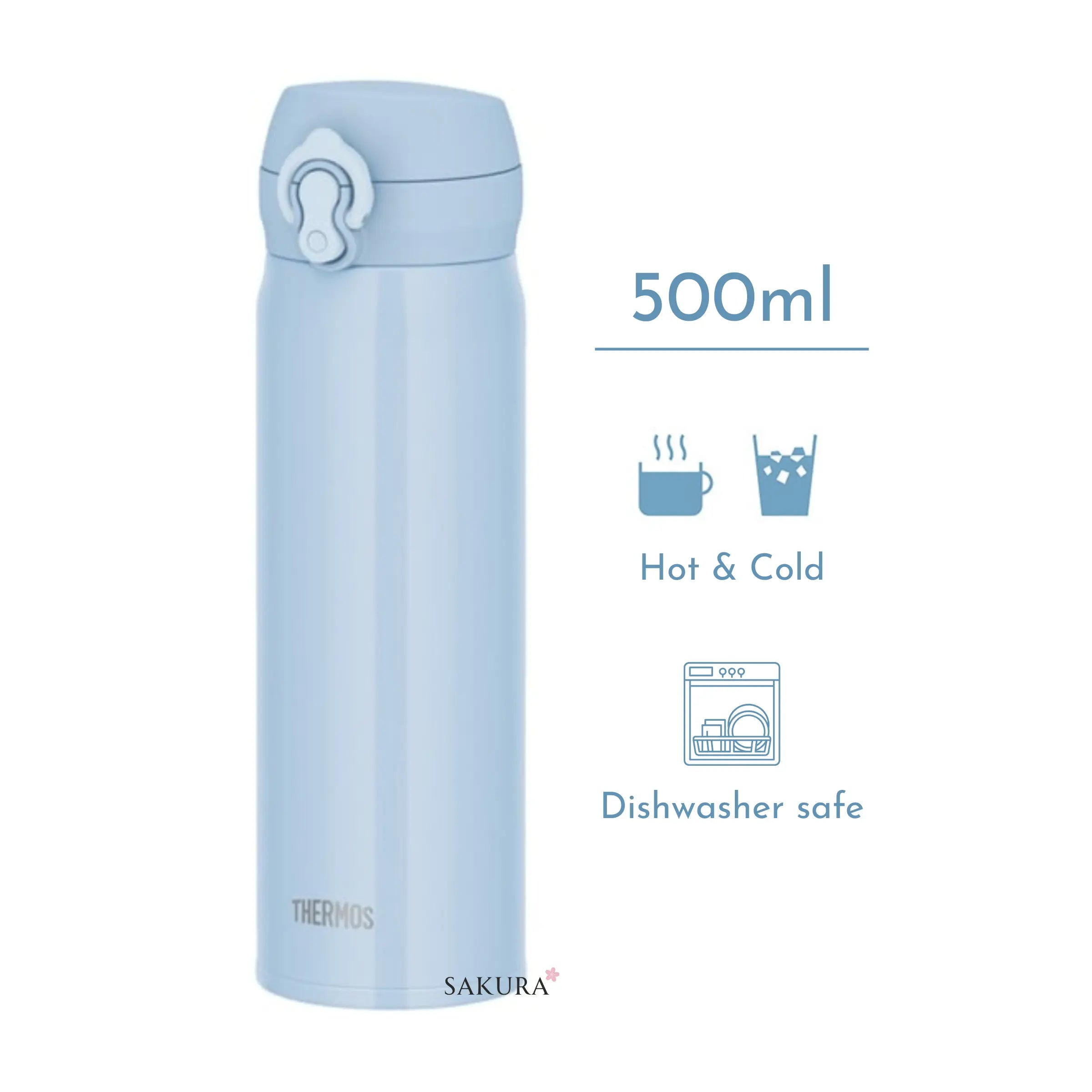 Enjoy hot or cold drinks for 6 hours with this Thermos Vacuum Insulated Drink Bottle 500ml. Leak-proof, easy to clean, and perfect for school, work, or the gym. One-touch lid, safety lock, and carry loop included. Ice Blue