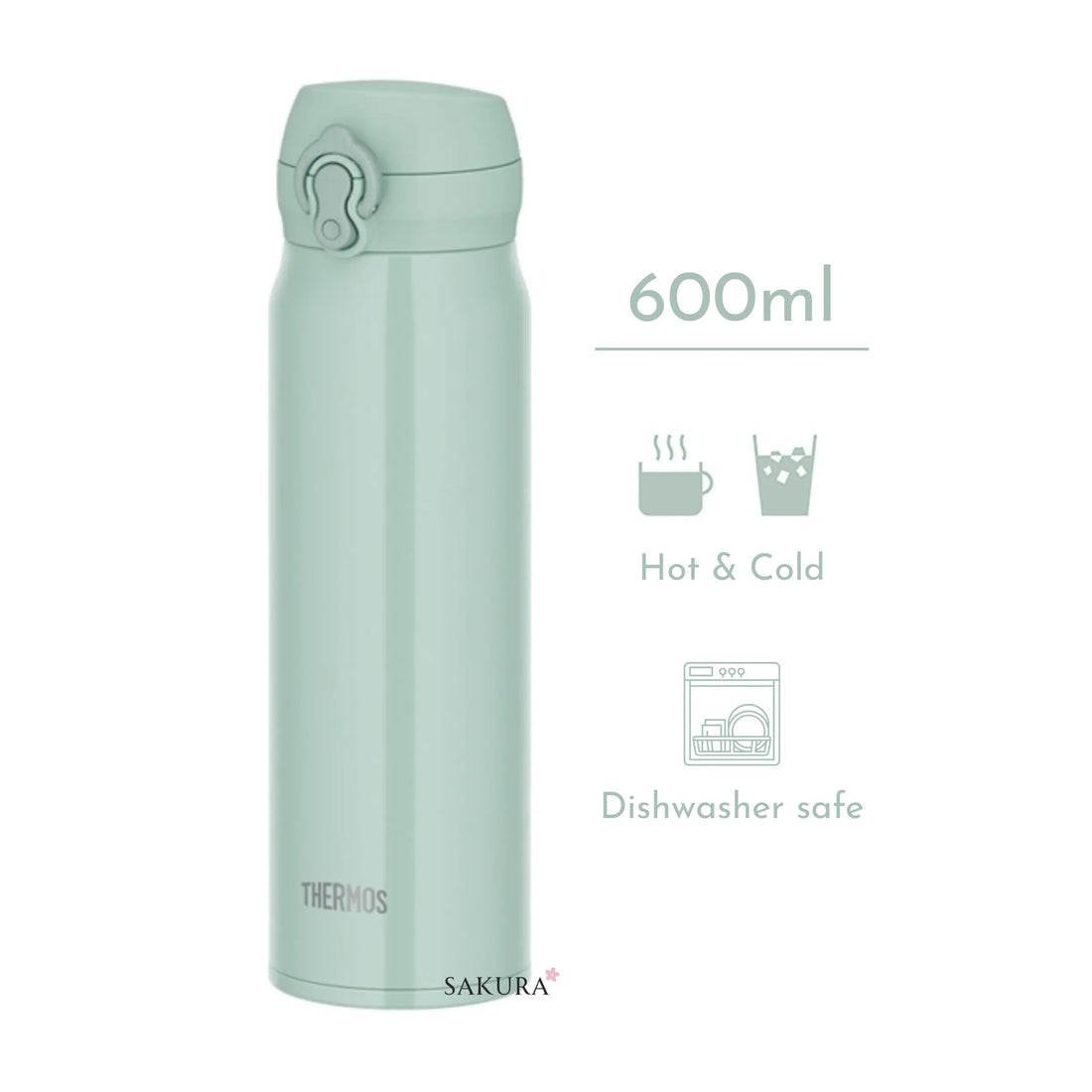 Enjoy hot or cold drinks for 6 hours with this Thermos Vacuum Insulated Drink Bottle 600ml. Leak-proof, easy to clean, and perfect for school, work, or the gym. One-touch lid, safety lock, and carry loop included. Mint Green