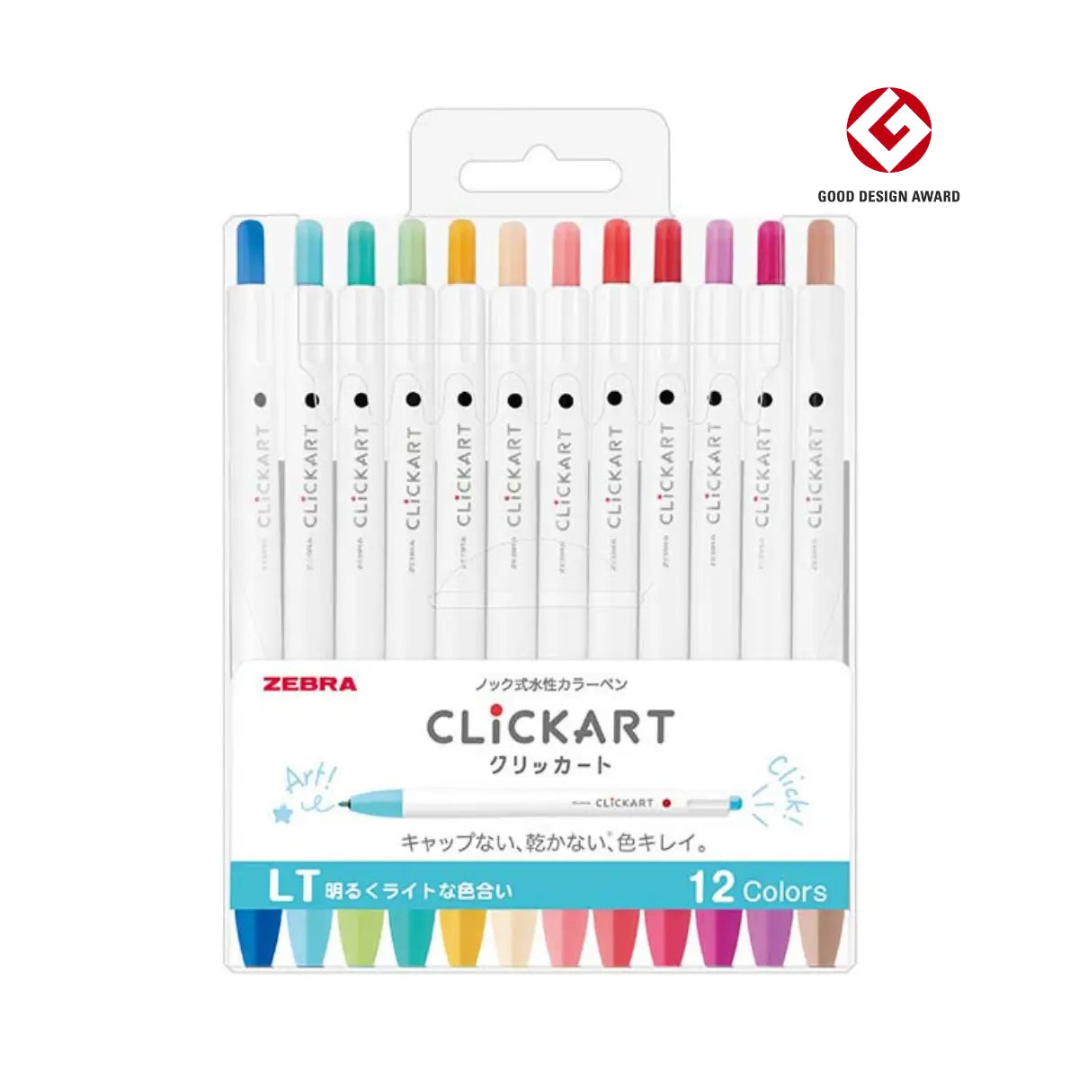 ZEBRA ClickArt Marker Pens LT 12 Lighter Colour Set features capless, retractable pens with innovative Moist Keep Ink to help prevent the tip from drying out. With 12 soft, bright shades, they’re perfect for notes, colouring, illustrations and everyday writing.