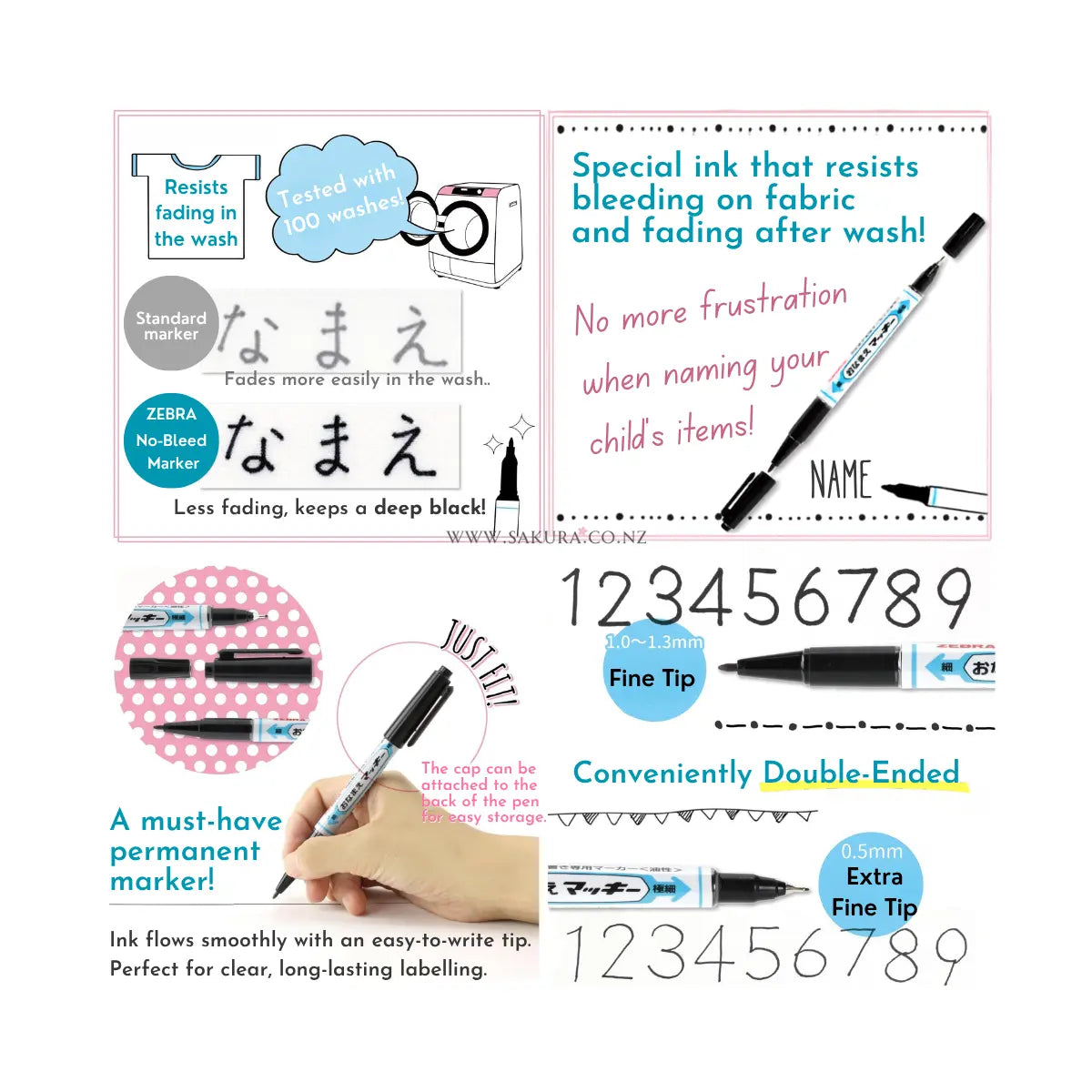 ZEBRA No-Bleed Fabric & Multi-Surface Double-Ended Permanent Marker - Black 3pcs Set
