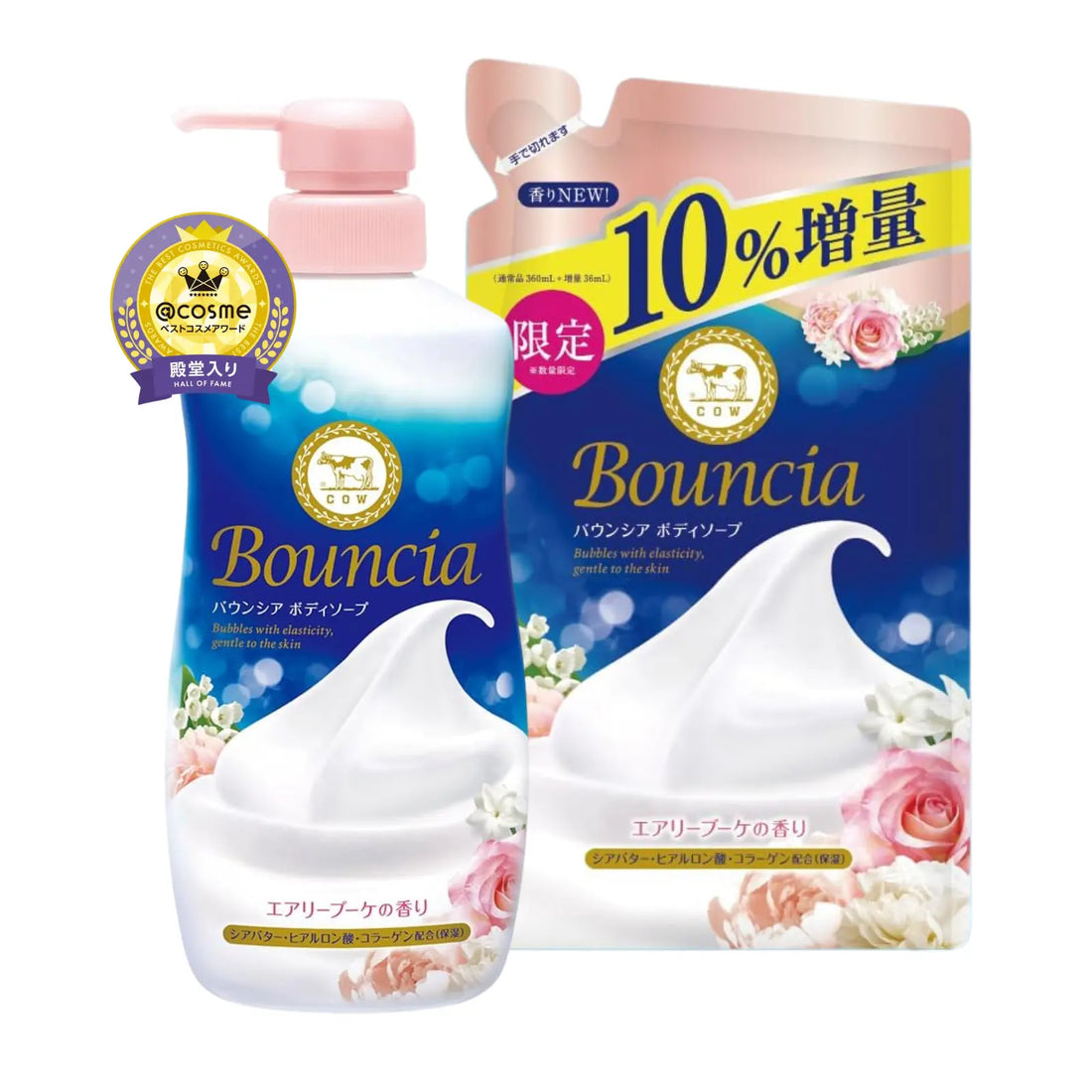 COW Bouncia Moisturising Body Wash creates a rich, creamy lather that deeply hydrates while cleansing. The Extra Rich Foam formula gently removes impurities without scrubbing. Infused with shea butter, hyaluronic acid, and collagen for smooth, soft skin. Enjoy the refreshing Airy Bouquet scent. Refill available