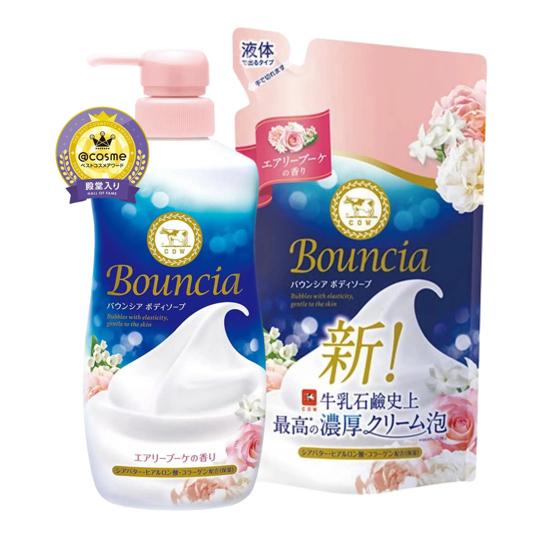 COW Bouncia Moisturising Body Wash creates a rich, creamy lather that deeply hydrates while cleansing. The Extra Rich Foam formula gently removes impurities without scrubbing. Infused with shea butter, hyaluronic acid, and collagen for smooth, soft skin. Enjoy the refreshing Airy Bouquet scent. Refill available