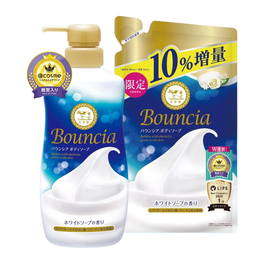 COW Bouncia Moisturising Body Wash creates a rich, creamy lather that deeply hydrates while cleansing. The Extra Rich Foam formula gently removes impurities without scrubbing. Infused with shea butter, hyaluronic acid, and collagen for smooth, soft skin. Enjoy the refreshing White Soap scent. Refill available