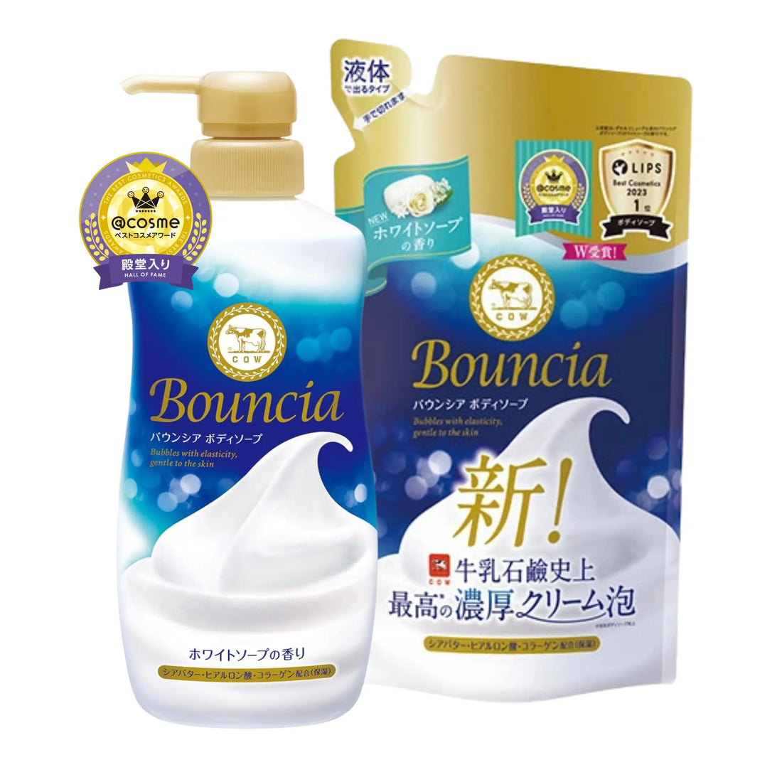 COW Bouncia Moisturising Body Wash creates a rich, creamy lather that deeply hydrates while cleansing. The Extra Rich Foam formula gently removes impurities without scrubbing. Infused with shea butter, hyaluronic acid, and collagen for smooth, soft skin. Enjoy the refreshing White Soap scent. Refill available