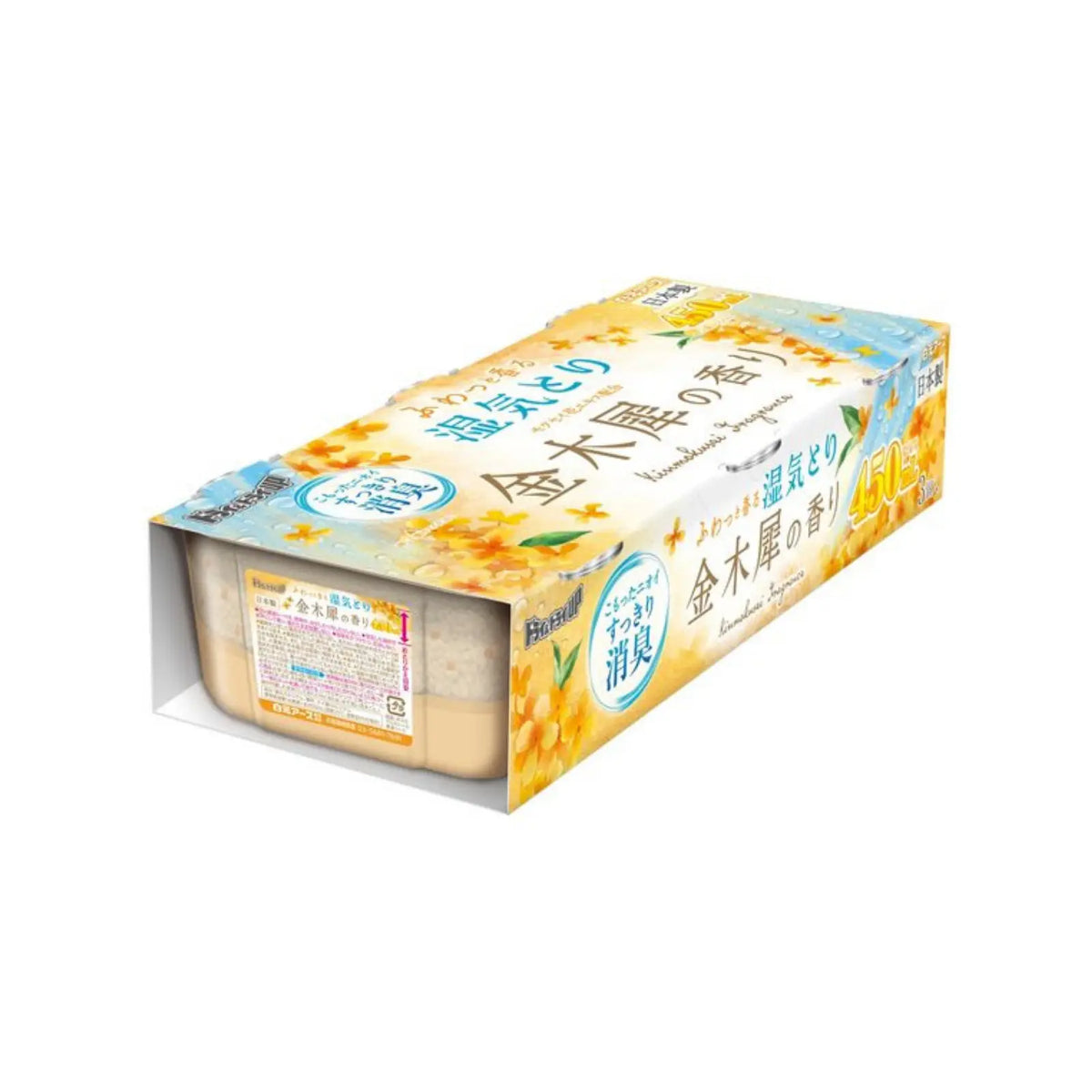 Moisture absorber that traps excess humidity as liquid while deodorising musty smells. Each unit absorbs up to 450 ml, leaving a fresh osmanthus scent. Ideal for wardrobes, cupboards, shoe cabinets, and under-sink areas. Value 3pack-set