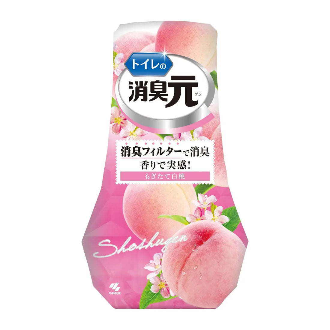 Large-size toilet deodoriser / air freshener with wide filter technology that neutralises stubborn odours and leaves a fresh white peach fragrance. Adjustable strength, long-lasting freshness, and easy to use.