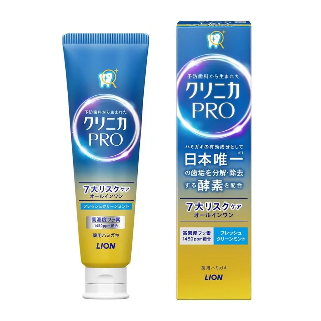 LION Clinica Pro High-fluoride Toothpaste with Dextranase enzyme effectively breaks down and removes plaque, while high-concentration fluoride (1450ppm) protects against cavities. This all-in-one formula prevents gum disease, sensitivity, bad breath, and whitens teeth with a refreshing mint flavour.