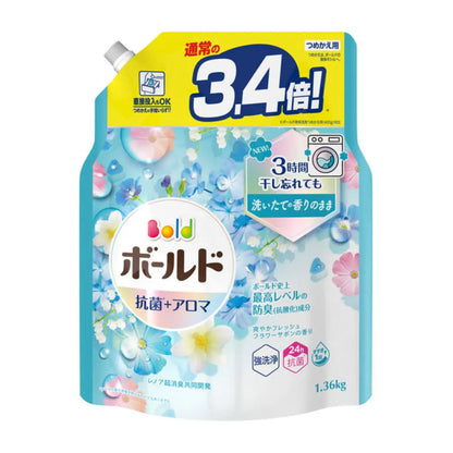 P&amp;G Bold Laundry Liquid with built-in softener in Fresh Flower &amp; Savon scent offers long-lasting floral fragrance and deep cleansing. The formula removes tough stains and odours while keeping clothes soft. Ideal for indoor drying, with 24h antibacterial protection. 1.36kg refill