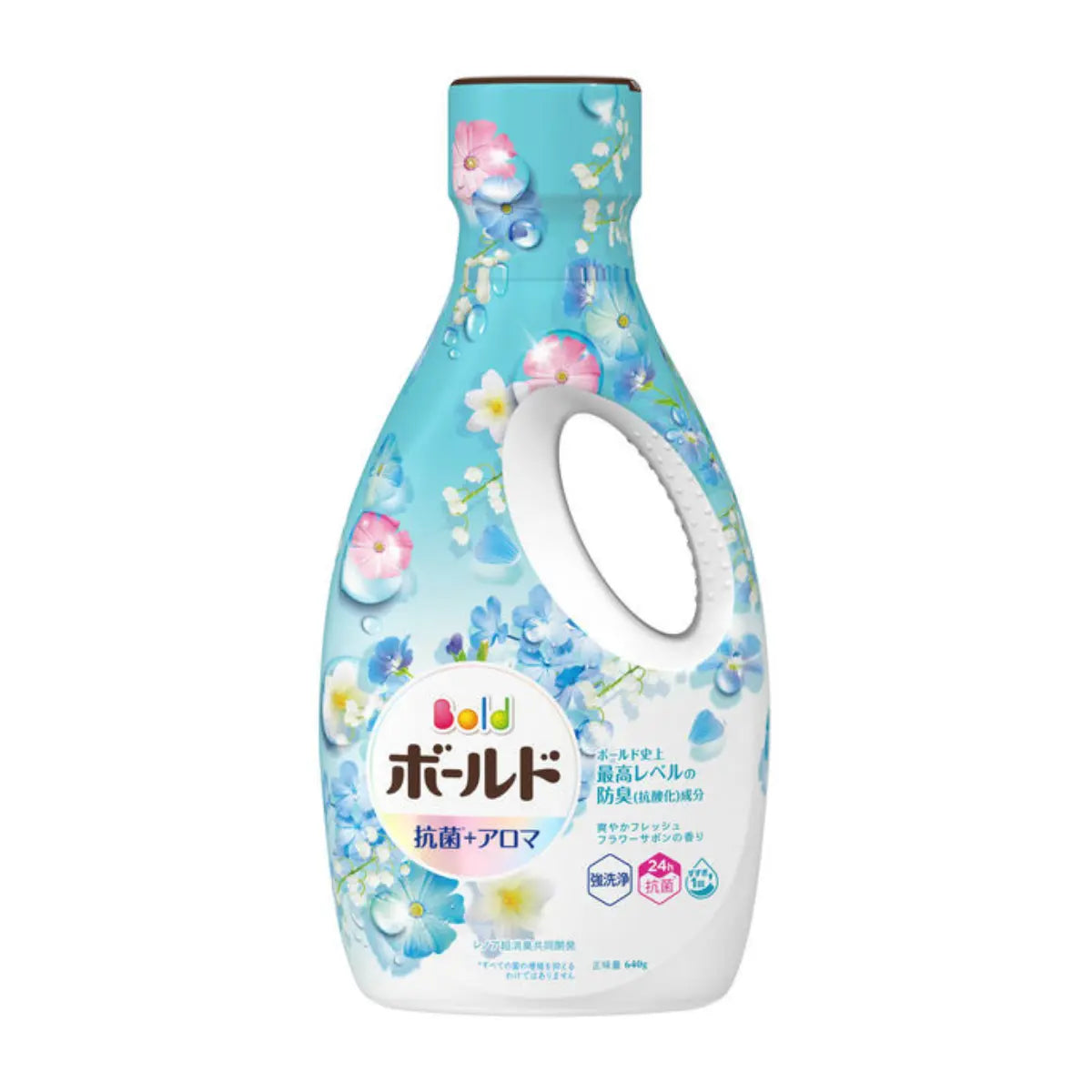 P&amp;G Bold Laundry Liquid with built-in softener in Fresh Flower &amp; Savon scent offers long-lasting floral fragrance and deep cleansing. The formula removes tough stains and odours while keeping clothes soft. Ideal for indoor drying, with 24h antibacterial protection and a drip-proof cap. 640g