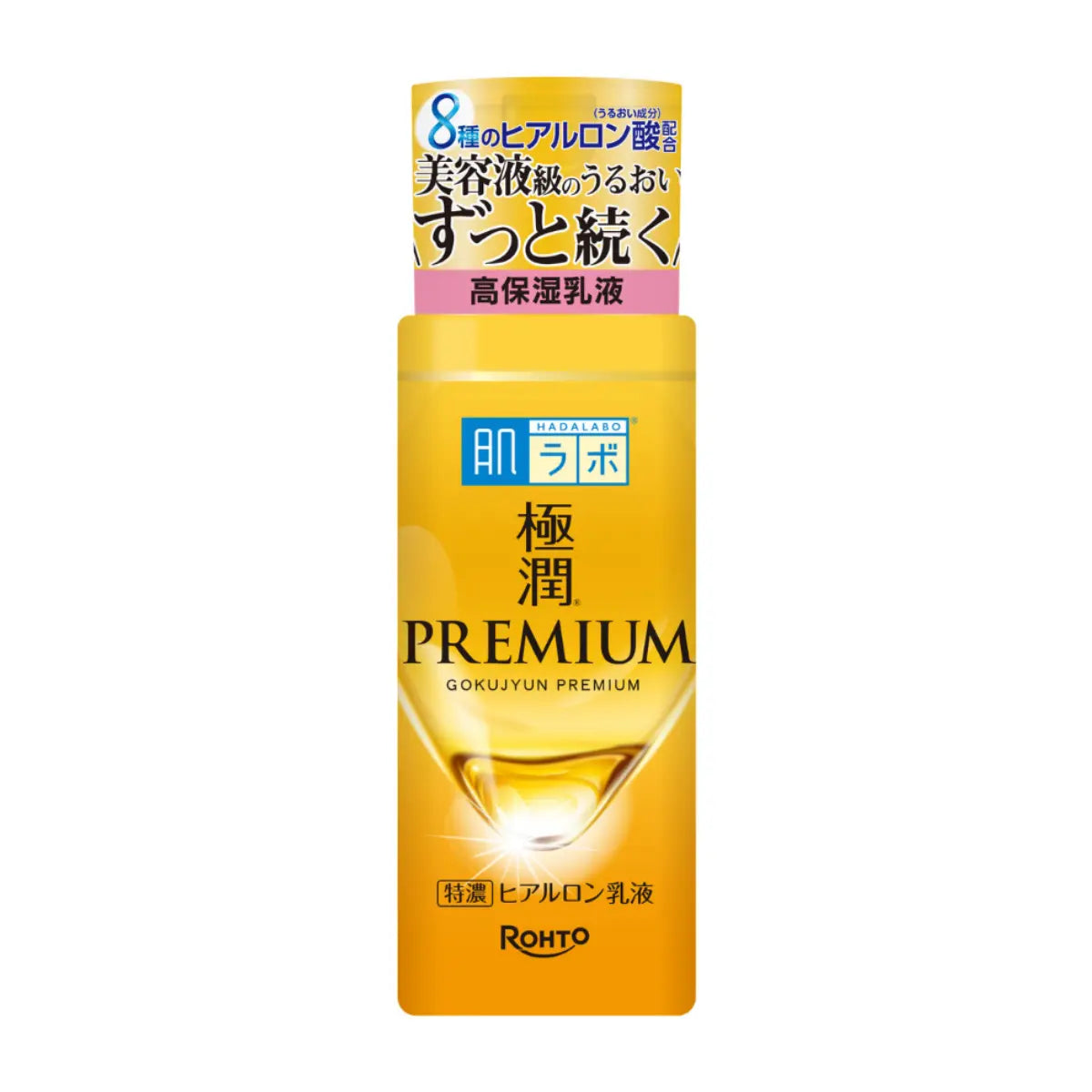 Rohto Hada Labo Gokujyun Premium Hyaluronic Emulsion 140ml delivers rich, long-lasting hydration with 8 types of hyaluronic acid. Its smooth, serum-like texture helps lock in moisture while the gentle, fragrance-free formula is ideal for daily skincare.