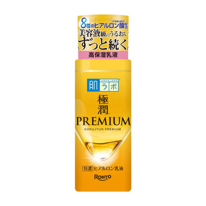 Rohto Hada Labo Gokujyun Premium Hyaluronic Emulsion 140ml delivers rich, long-lasting hydration with 8 types of hyaluronic acid. Its smooth, serum-like texture helps lock in moisture while the gentle, fragrance-free formula is ideal for daily skincare.