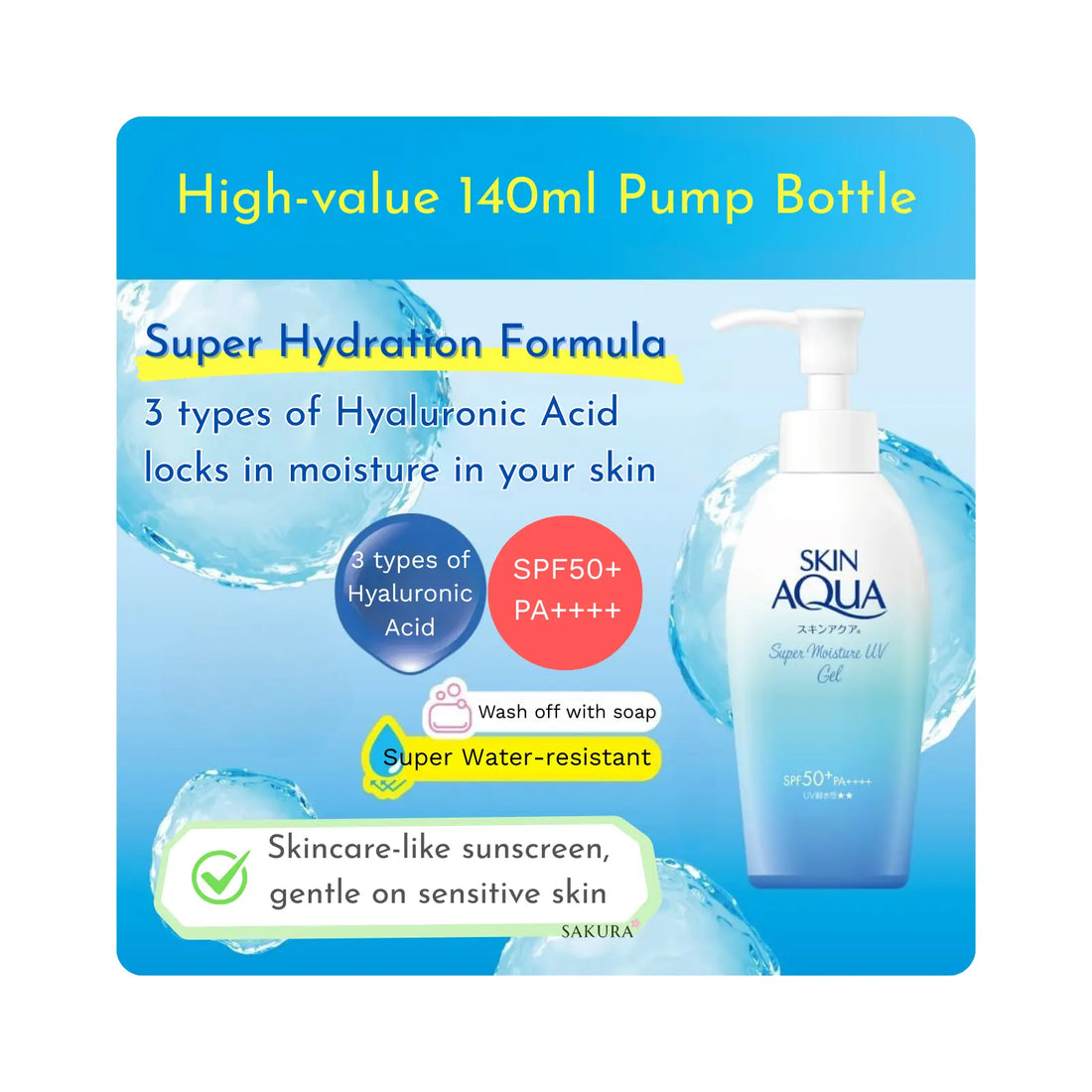 Rohto Skin Aqua Super Moisture UV Gel Sunscreen SPF50+ Pump Bottle 140g