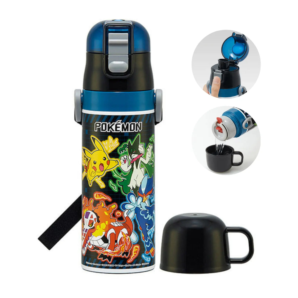 Skater 2WAY bottles for kids: Versatile insulated bottle with 2 interchangeable lids for hot or cold drinks. Vacuum double-wall design keeps beverages at temperature, with safety lock, wide mouth for ice, and shoulder strap with name tag for school or outings. Colour: Black
