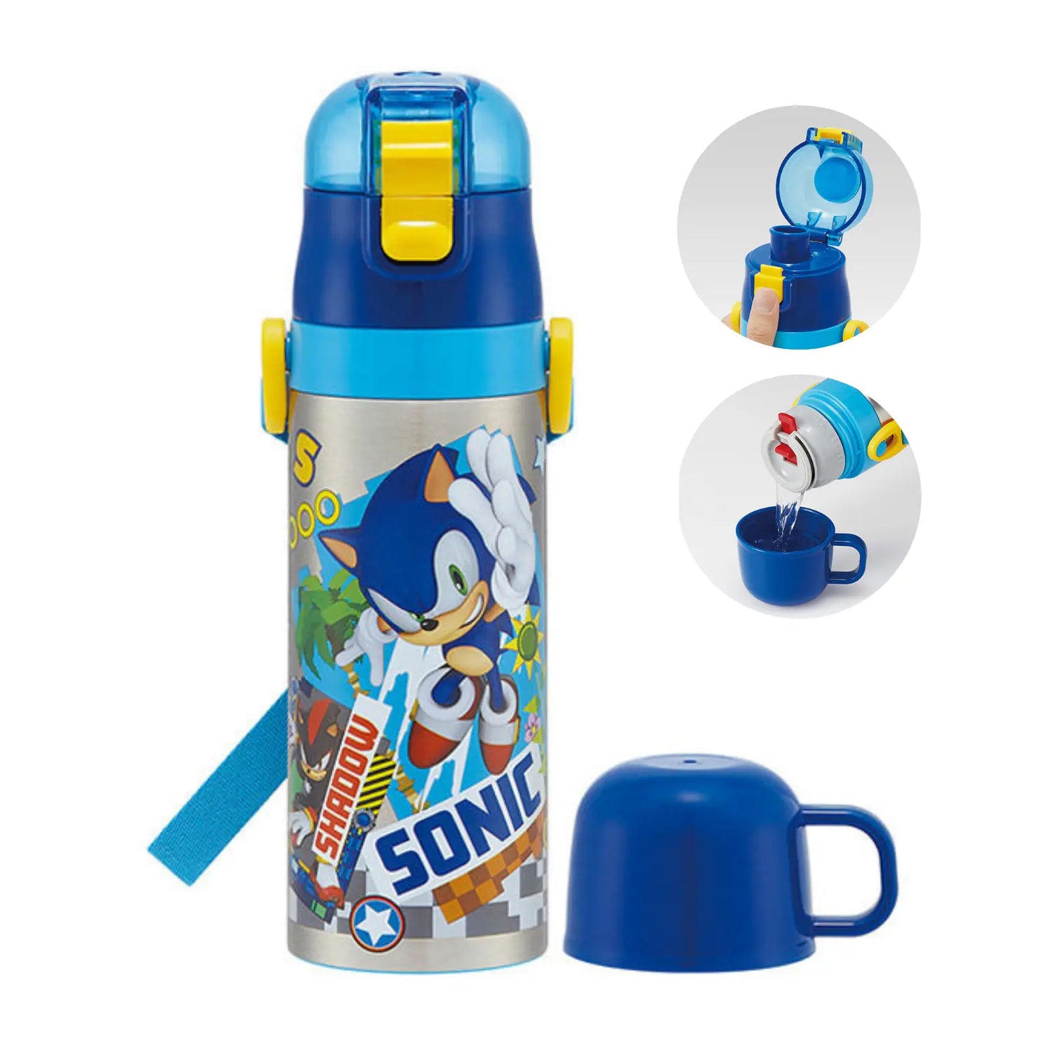 Versatile insulated kids bottle with 2 interchangeable lids for hot or cold drinks. Vacuum double-wall design keeps beverages at temperature, with safety lock, wide mouth for ice, and shoulder strap with name tag for school or outings.