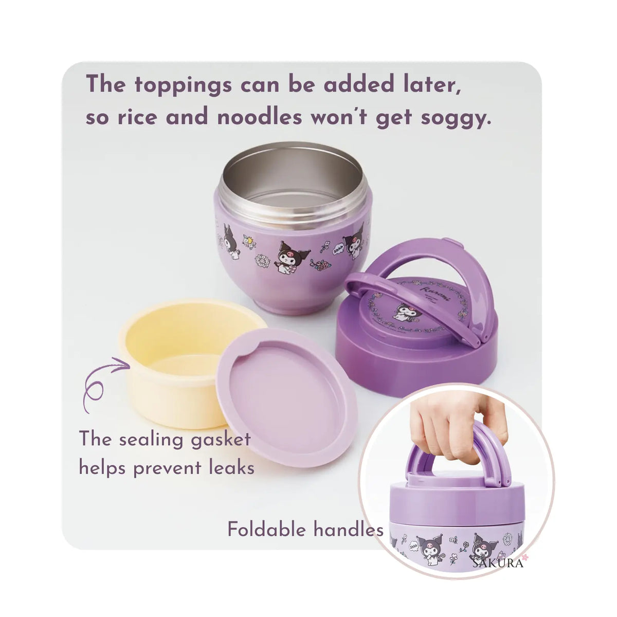 Skater Insulated 2-Tier Lunch Bowl Box (Hot&amp;Cold) with Foldable Handles 540ml Purple