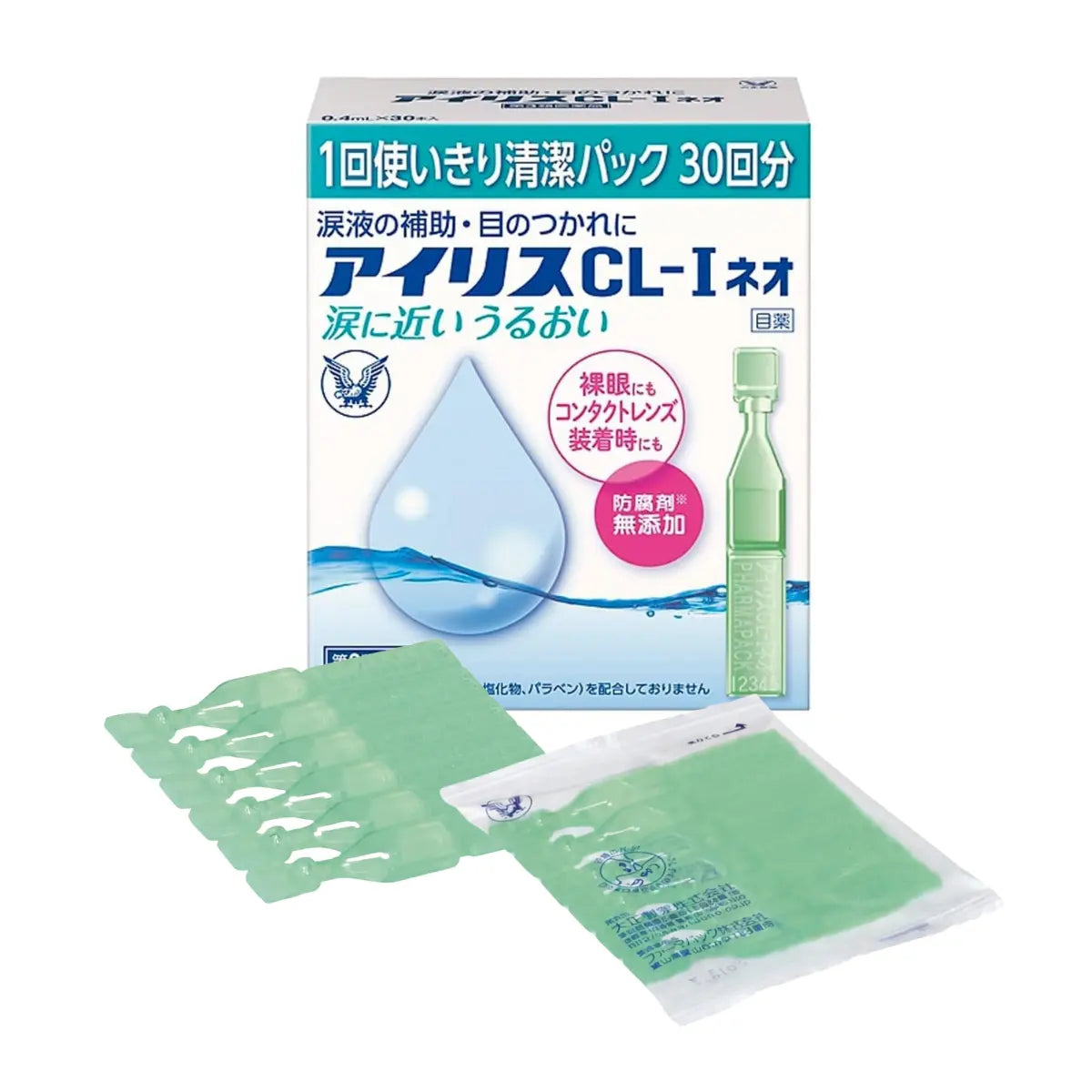 Taisho Iris CL-I Neo Single-Use Eye Drops 0.4ml x 30pcs are preservative-free, tear-like drops containing taurine to moisturise and soothe dry, tired eyes. Suitable for use while wearing soft, disposable, O2-permeable and hard contact lenses.