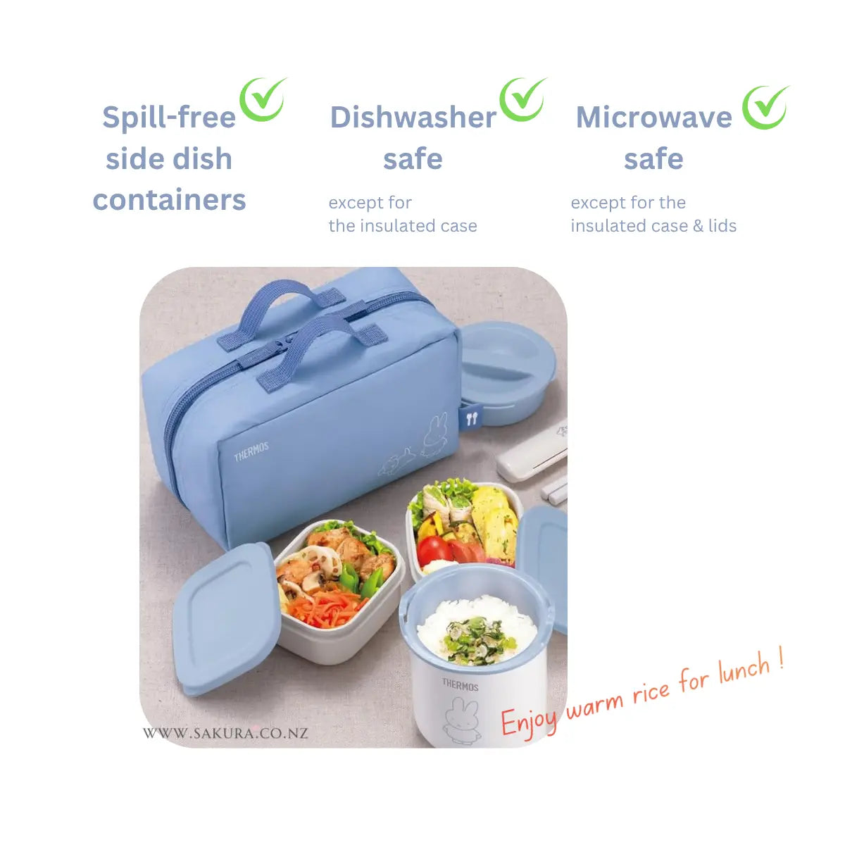 Thermos Insulated Lunch Box Set with Bag &amp; Chopsticks 630ml - Ice Blue