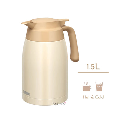 Sleek 1.5L Thermos Vacuum Insulated carafe with excellent heat/cold retention. Easy to clean, leak-resistant, one-touch pour, wide opening for ice. Perfect for home or office use. Cream White