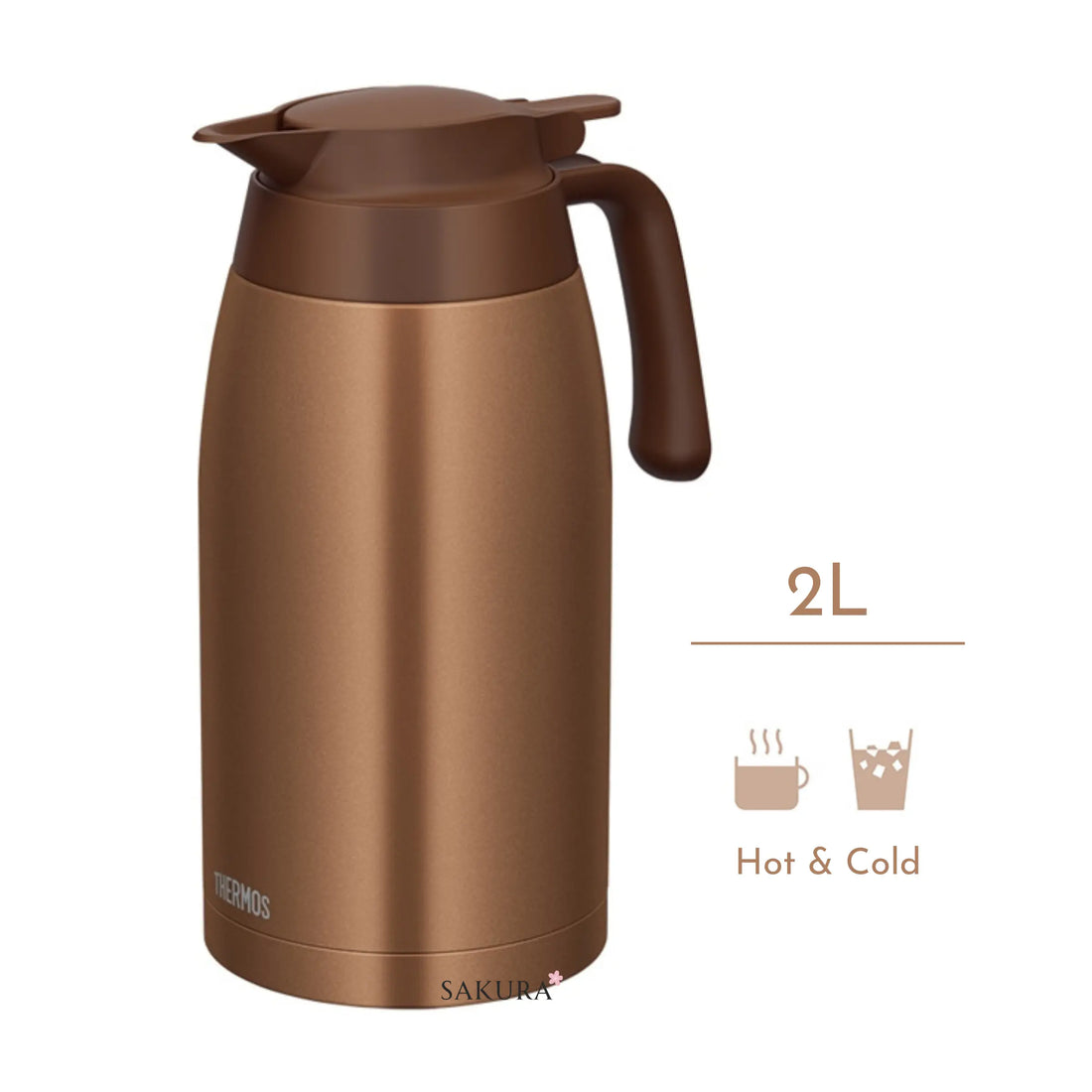 Sleek 2L Thermos Vacuum Insulated carafe with excellent heat/cold retention. Easy to clean, leak-resistant, one-touch pour, wide opening for ice. Perfect for home or office use. Grown gold