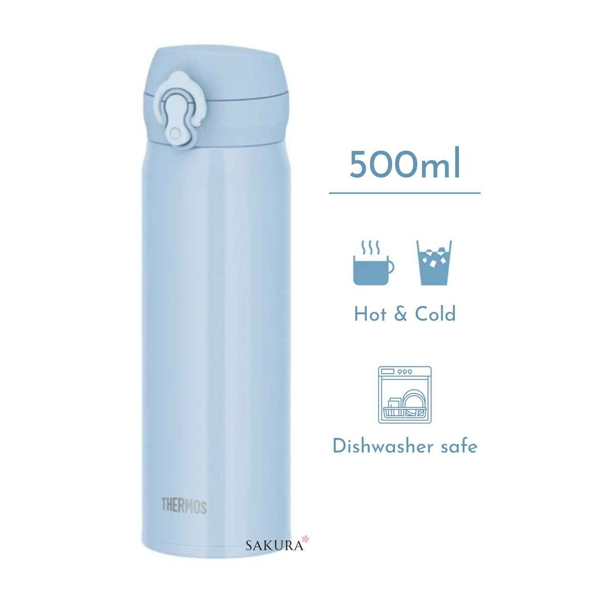 Enjoy hot or cold drinks for 6 hours with this Thermos Vacuum Insulated Drink Bottle 500ml. Leak-proof, easy to clean, and perfect for school, work, or the gym. One-touch lid, safety lock, and carry loop included. Ice Blue