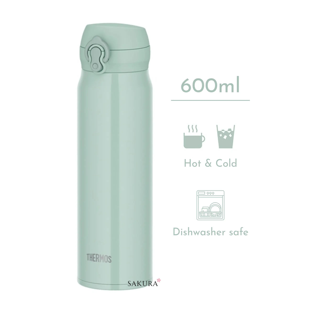 Enjoy hot or cold drinks for 6 hours with this Thermos Vacuum Insulated Drink Bottle 600ml. Leak-proof, easy to clean, and perfect for school, work, or the gym. One-touch lid, safety lock, and carry loop included. Mint Green