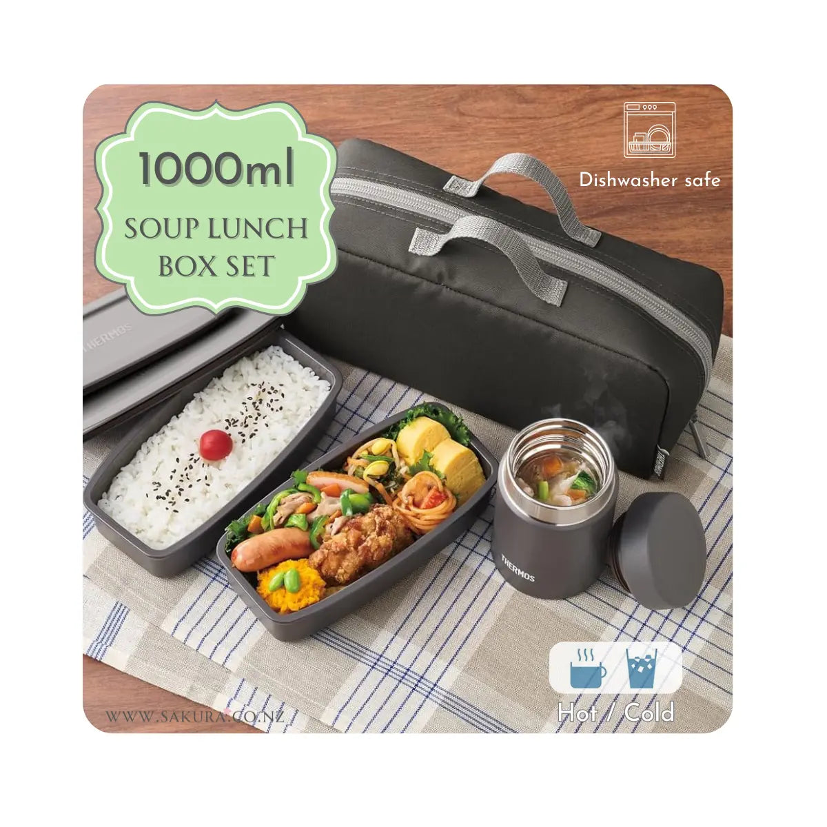 Thermos Vacuum Insulated Soup Lunch Box Set with Bag (Hot/Cold) 1000ml Black Grey