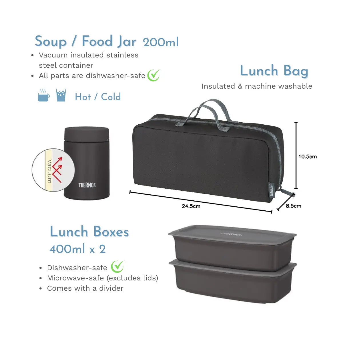 Thermos Vacuum Insulated Soup Lunch Box Set with Bag (Hot/Cold) 1000ml Black Grey
