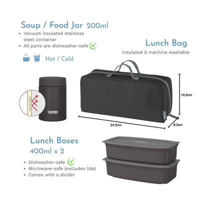 Thermos Vacuum Insulated Soup Lunch Box Set with Bag (Hot/Cold) 1000ml Black Grey
