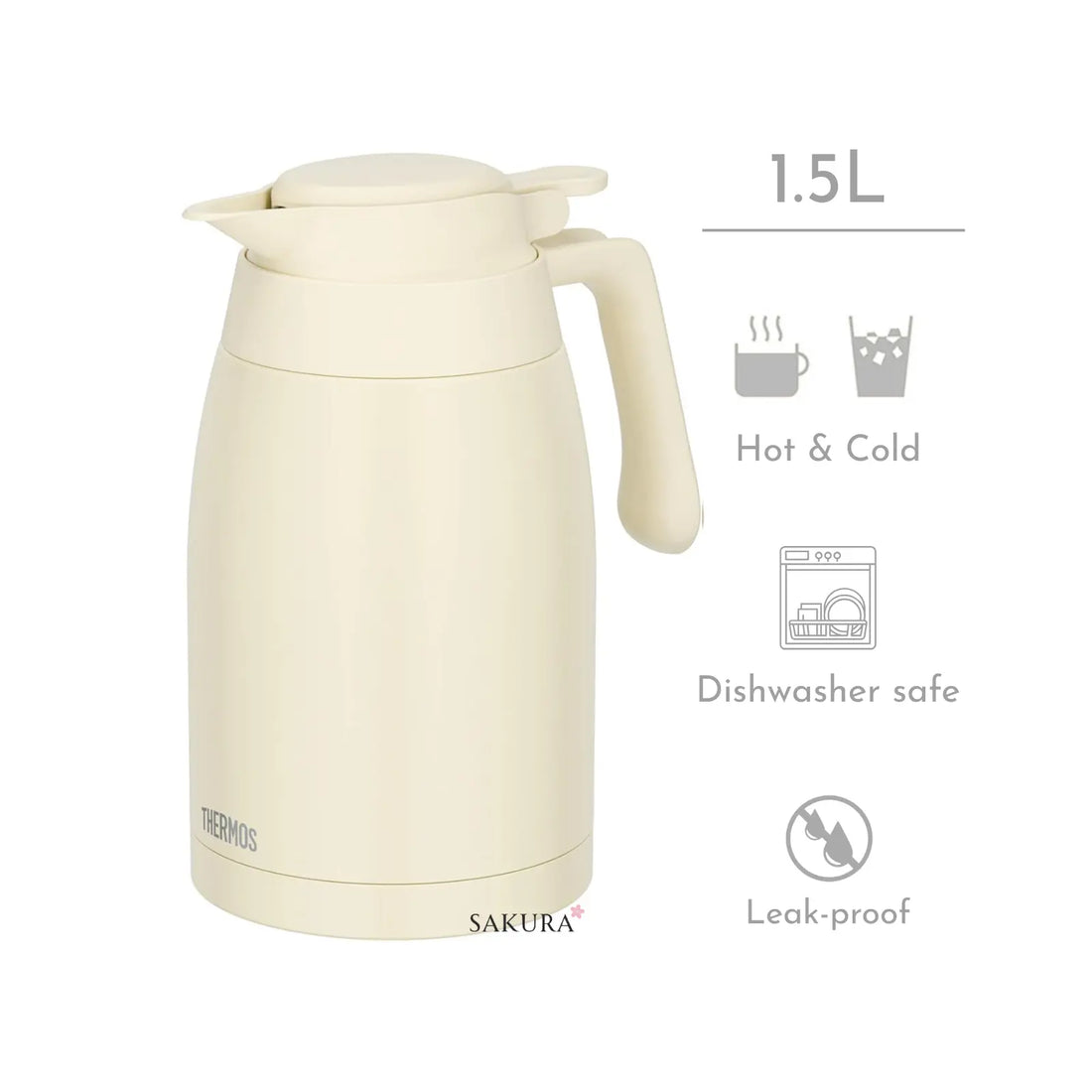Sleek 1.5L Thermos Vacuum Insulated carafe with excellent heat/cold retention. All parts are dishwasher-safe, easy to clean, leak-proof, one-touch pour, wide opening for ice. Perfect for home or office use. Ivory