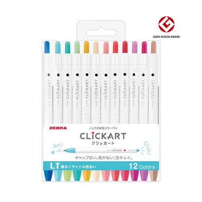 ZEBRA ClickArt Marker Pens LT 12 Lighter Colour Set features capless, retractable pens with innovative Moist Keep Ink to help prevent the tip from drying out. With 12 soft, bright shades, they’re perfect for notes, colouring, illustrations and everyday writing.