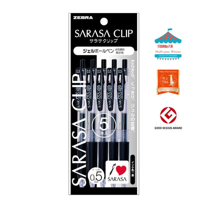 ZEBRA Sarasa Clip Gel Ball Pens 0.5mm Black 5pcs deliver smooth, bold writing with water-resistant pigment gel ink. Worldwide bestselling gel pens you must have! Featuring a convenient movable clip, these reliable pens are ideal for studying, everyday writing, documents, envelopes and illustrations.
