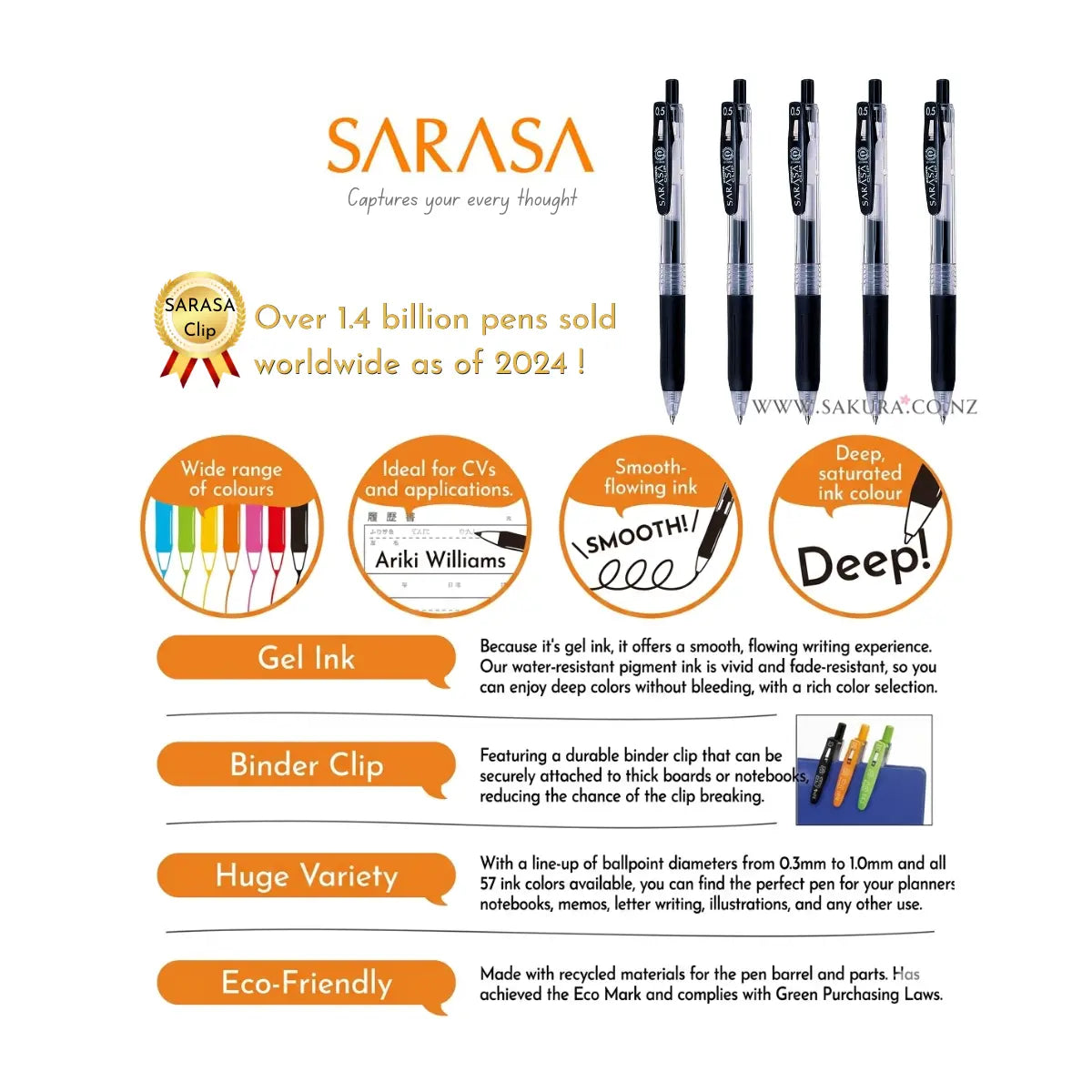 ZEBRA Sarasa Clip Gel Ball Pens 0.5mm Black 5pcs Set